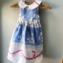 Dress, Blue Sailboats Vintage Tablecloth Dress, Size 5, Antique Cotton Fabric, OOAK - Cyndy Love Designs