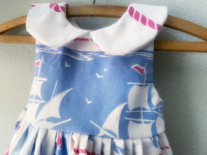 Dress, Blue Sailboats Vintage Tablecloth Dress, Size 5, Antique Cotton Fabric, OOAK - Cyndy Love Designs