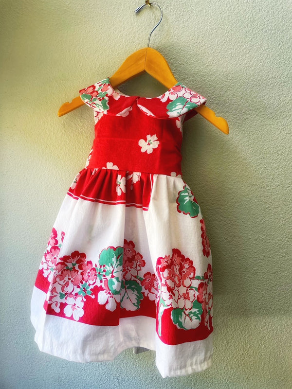Dress, Red Dogwood Vintage Tablecloth Dress, Size 2, Antique Fabric, Girls Cotton - Cyndy Love Designs