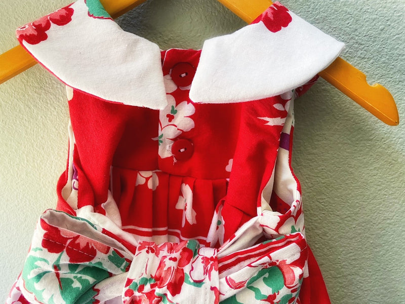 Dress, Red Dogwood Vintage Tablecloth Dress, Size 2, Antique Fabric, Girls Cotton - Cyndy Love Designs